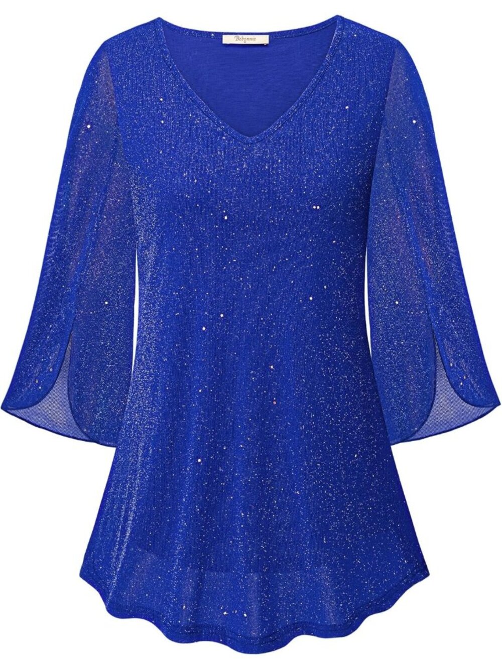 Bebonnie Women's Top Blue Ruffle 3/4 Sleeves V Neck Double Layers Mesh Blouses